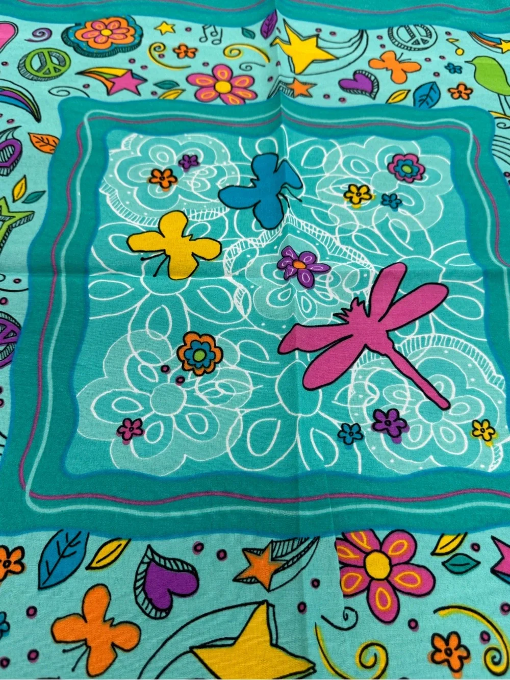 Little Brownie Girl Scout Turquoise Kids Bandana with Colorful Dragonfly Flowers